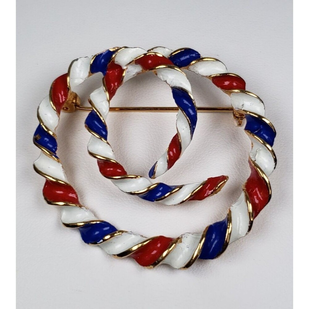 Vintage 1970's Jonette Signed JJ Twisted Swirl Knot Red White Blue 2" Brooch Pin